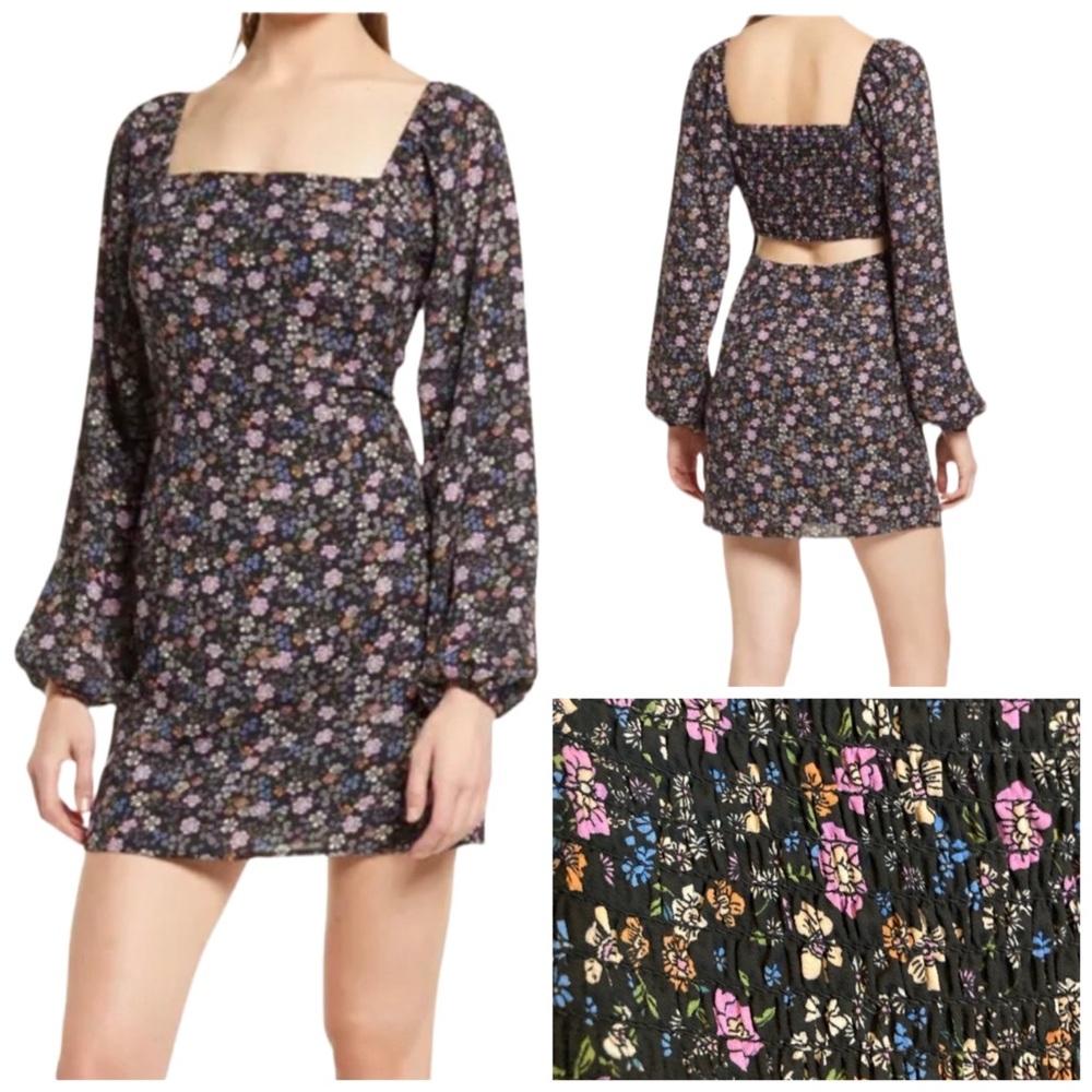 All in Favor Ditsy Floral Long Sleeve Minidress Black Multicolor Medium Smocked